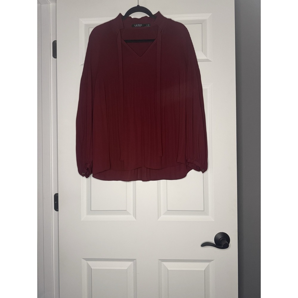 Ralph Lauren Long Sleeve Tie Neck Ruffle Blouse Medium Burgundy